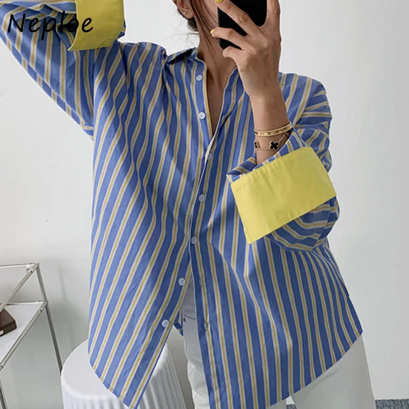 Neploe Turn Down Collar Stripe Contrast Color Patchwork Blouses Blusas Mujer De Moda 2025 Long Sleeve Single-breasted Shirts 250317