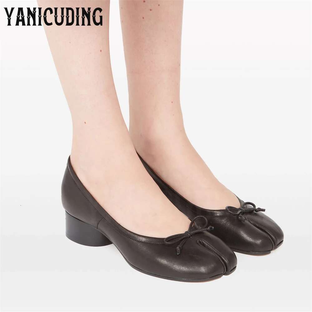 3cm Low Cydrical Heel Ballerina Pumps Tabi Slip-On Leather Shoes Bow Detaig Elegant Handmade Designer Footwear for Banqute