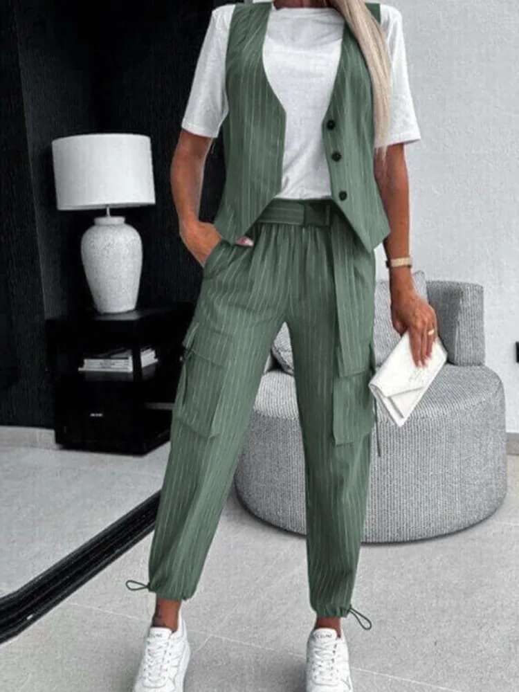 White Striped Vest Summer Casual V-neck Button Top Pocket Loose Pants Outfits Two-piece Suit For Women Elegant