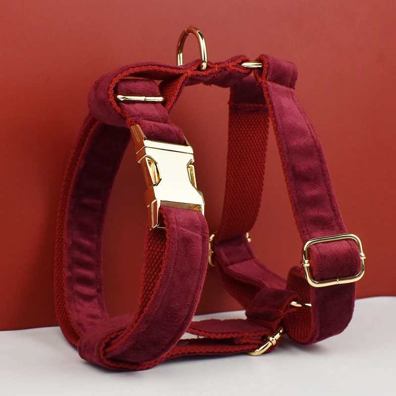 Red wine velvet dog collar and belt set suitable for large dogs custom carved names pet supplies dog collars X250326