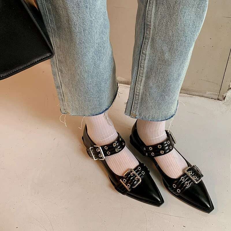 2025 Summer New Women's Genuine Leather Flat Shoes, Large Square Metal Designer Fashion Double Button Shoes, Punk Women's Shoes, Handmade