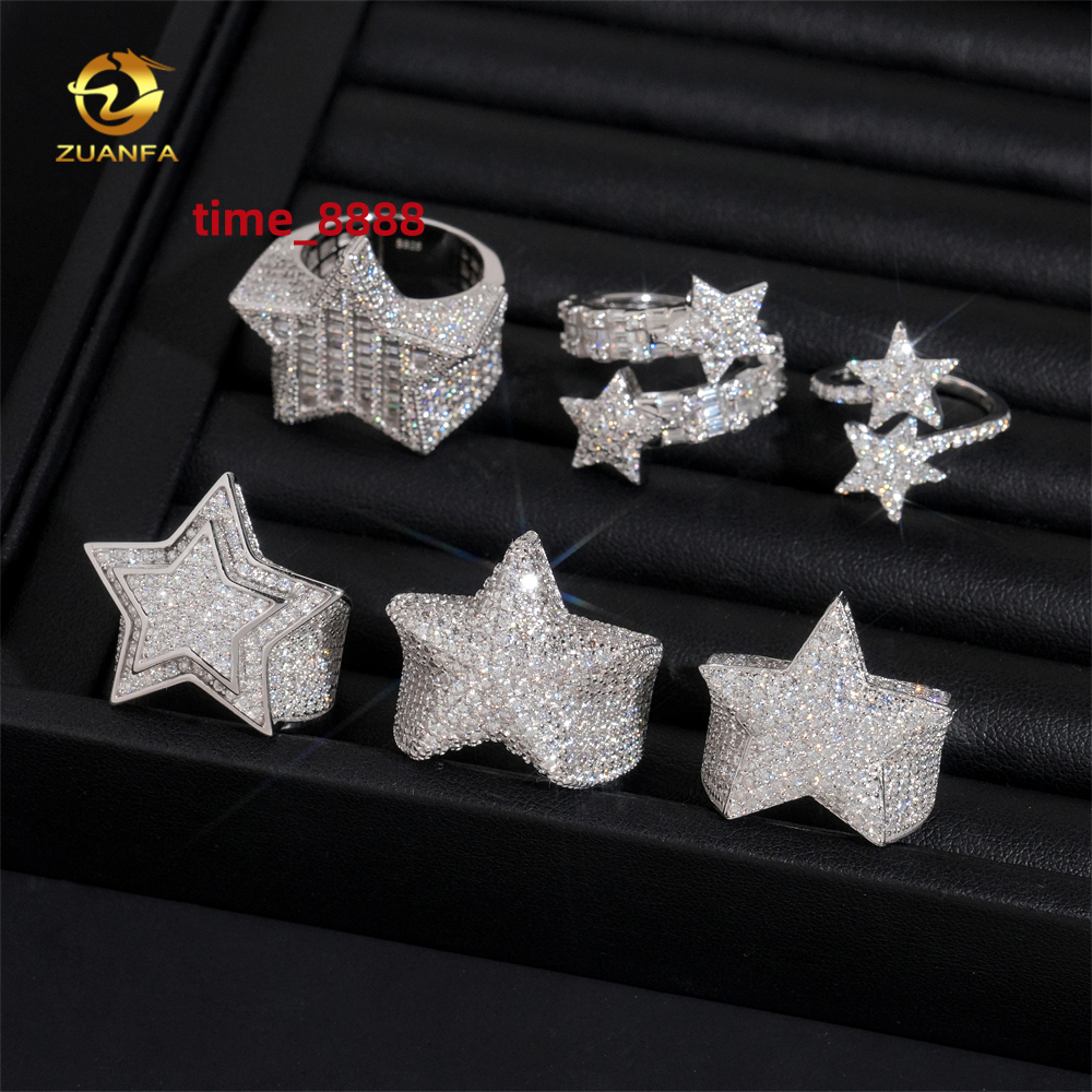 Hot Sale Instock Iced Out Star Moissanite Men Diamond Rings 925 Silver Hip Hop Ring Pass Diamond Tester Fashion Men Cuban Ring