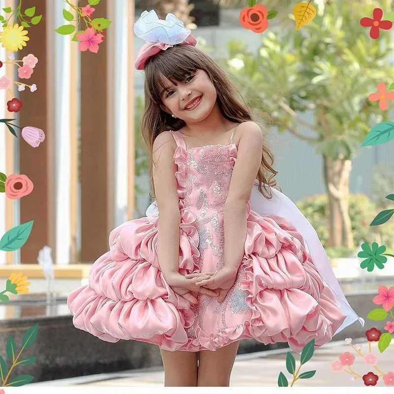 Customized Pink Flower Girl Wedding Dress for Wedding Sleeveless Flooring Cute Length Girl Childrens Birthday Party First Communion Dress W250326