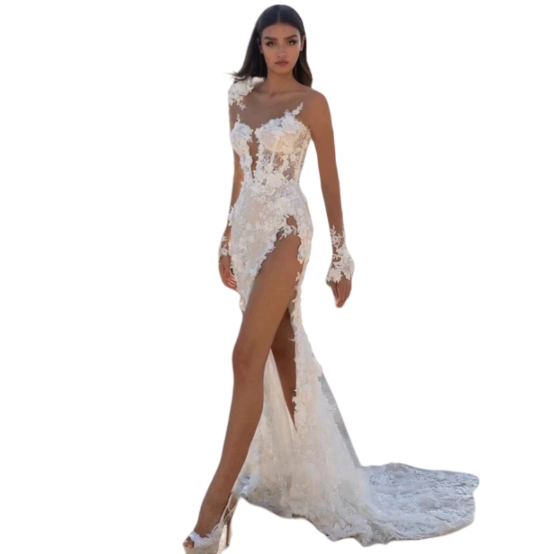 Sexy Backless Beach Wedding Dresses Side High Slit Lace Long Boho Bridal Gown With 3D Floral Appliques Transparent Full Sleeves Illusion Vestido De No