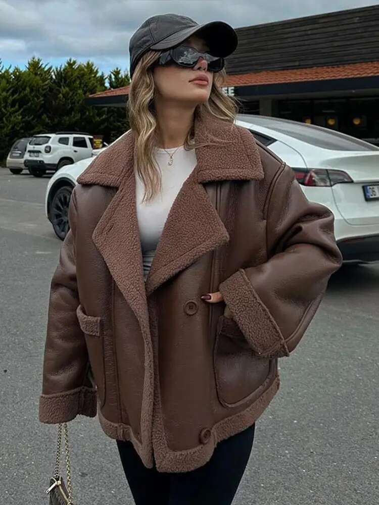 Plush Patchwork Lapel PU Leather Jackets Women Casual Loose Long Sleeved Jacket Female Autumn Winter Chic High Street Outwears