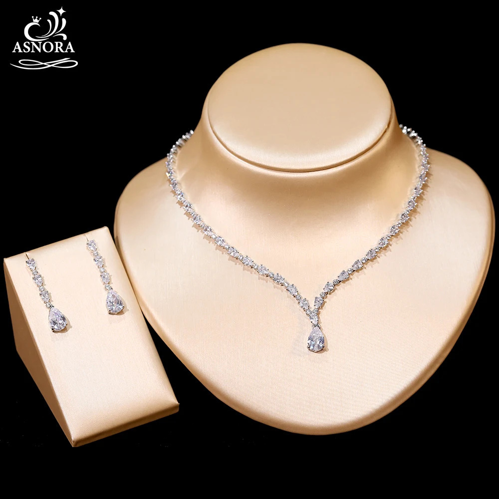 ASNORA Cubic Zirconia Wedding Necklace Water Drop Earrings 2 Piece Set Womens Clothing Party Jewelry Set Accessories 250318