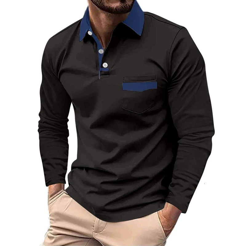Spring and Autumn mens long sleeved business casual golf polo shirt sports solid color large pocket top 250326