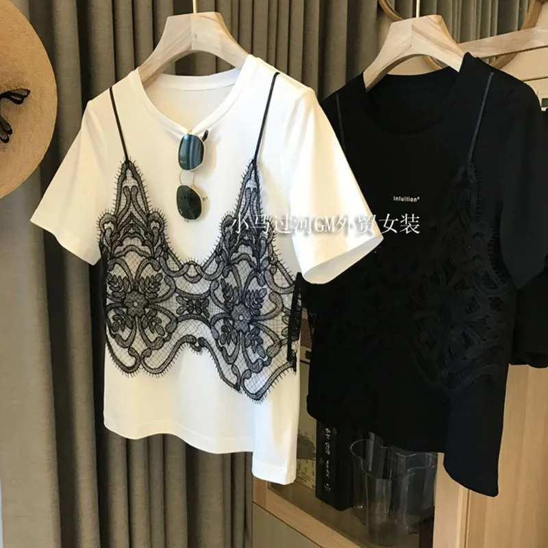 Summer Short Sleeve T-shirt Women Lace Sling Stitching Two-piece Tshirt Loose Round Neck Chic T-shirt 250321
