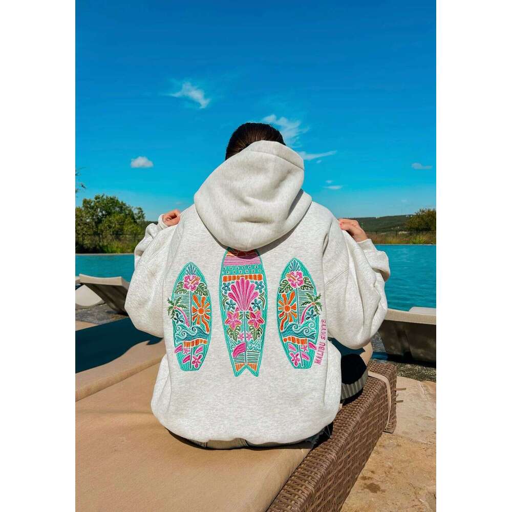 Fashionable and casual surfboard embroidered with plush thick women's hoodie