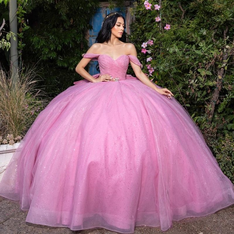 Pink Shiny Sweetheart Quinceanera Dresses Off the Shoulder Beads Bow Tull Ball Gown Sweet 16 Dress Gowns vestidos de 15 anos