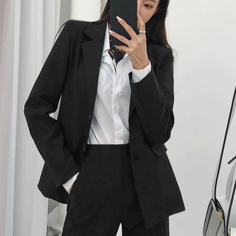 K3251Spring & Autumn Women's Black Formal Suit Jacket - Modern Korean Design Ideal for College Students