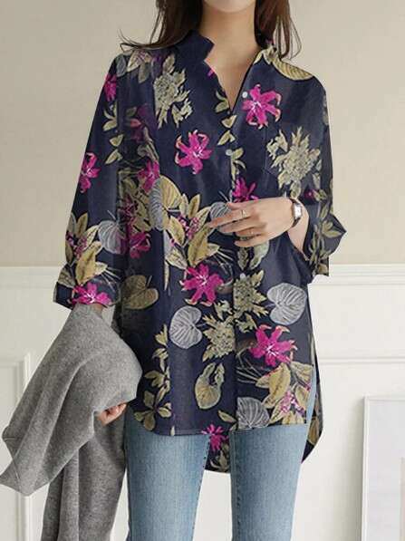2024 long sleeved plus size cotton linen printed top, loose and trendy