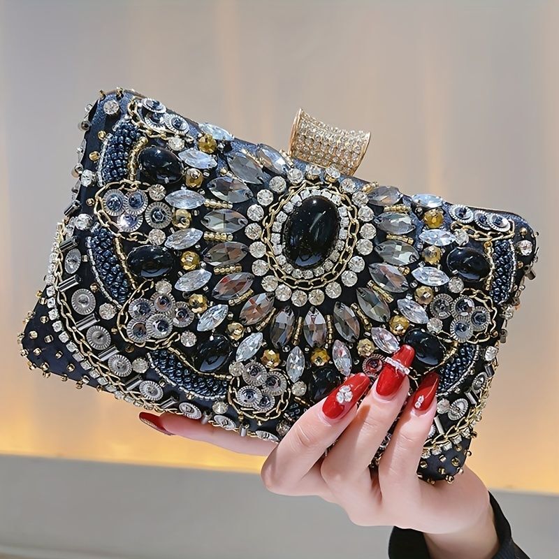 Beaded Rhie Evening Bag, Elegant Box Clutch Purse - For Women