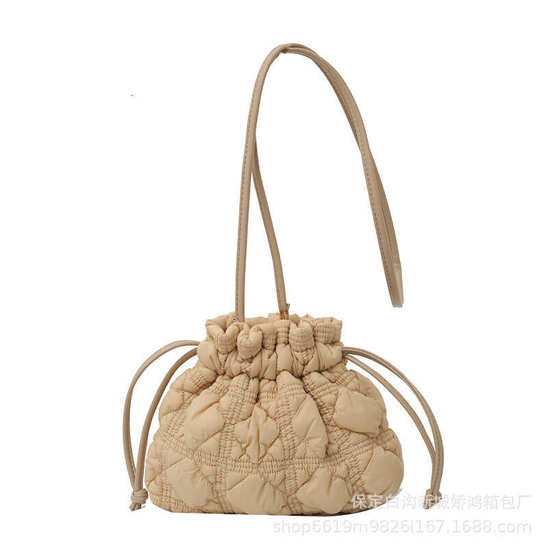 Simple diamond grid drawstring mouth pleated water bucket for women, nylon cloud single shoulder crossbody bag, lightweight dumpling bag