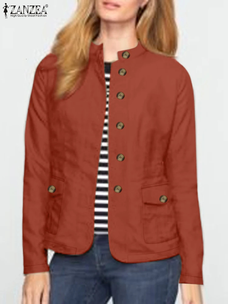 ZANZEA Fashion Long Sleeve Cargo Jackets Women Autumn Stand Collar Button Up Outwear Solid Work Wear Casual Loose Jacket 250321