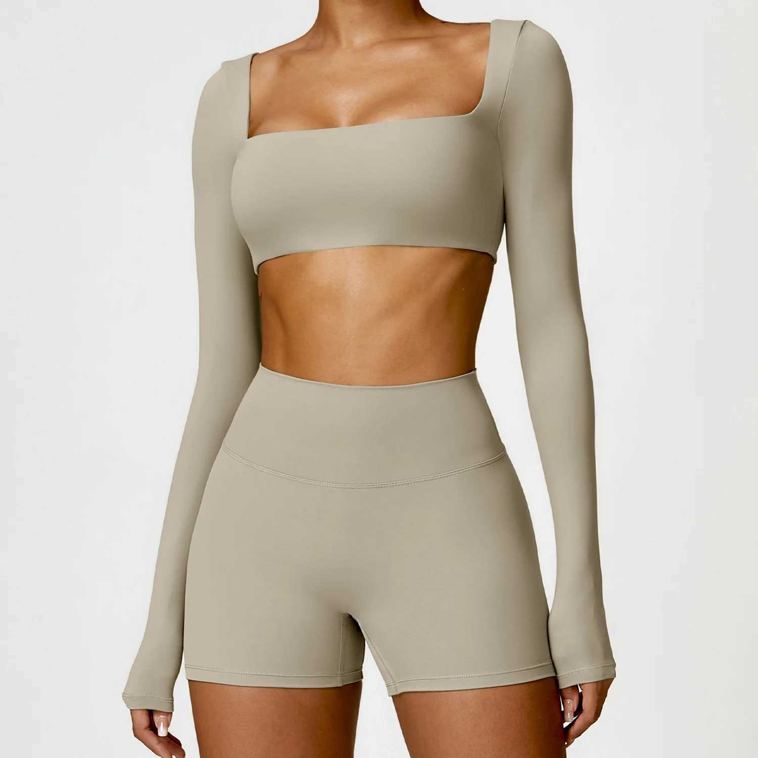 Womens quick drying breathable top seamless sexy square necklace elastic yoga long sleeved crop top gym running sportswear W250326
