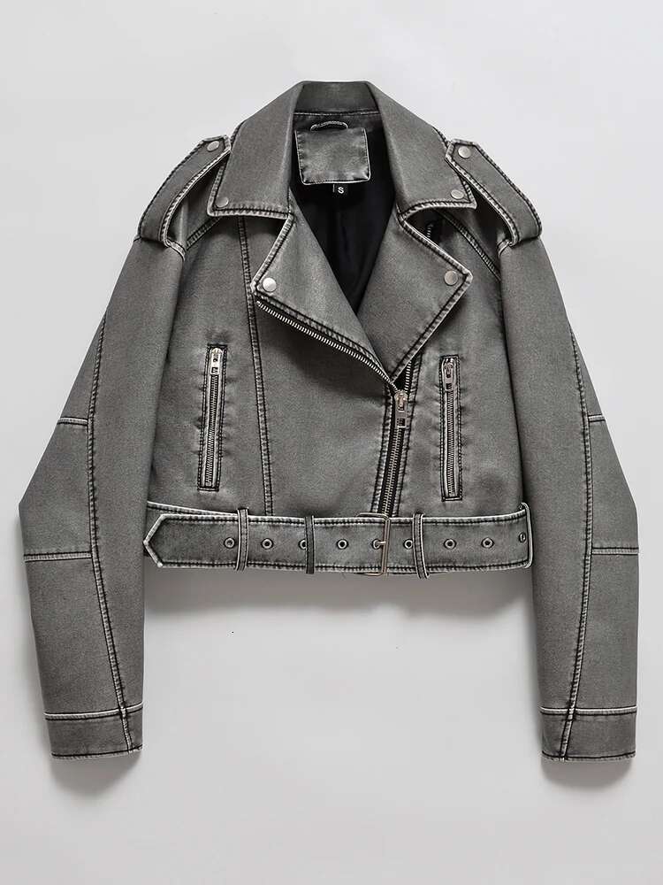 Aigo Women Vintage Loose Washed Faux Leather Short Jacket Streetwear Female Zipper Belt Moto Biker Retro Coat Outwear Tops