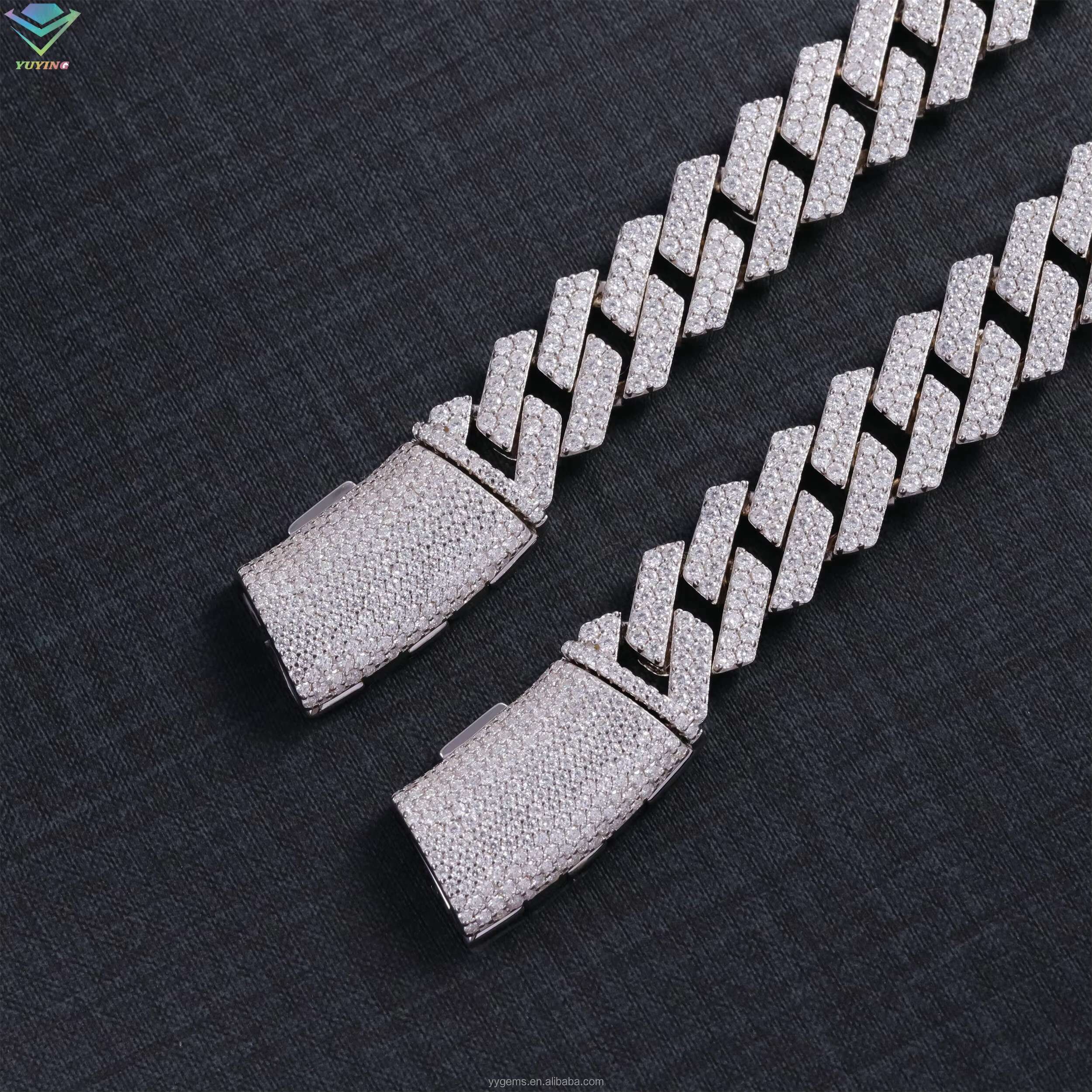 Luxury 14mm Moissanite Cuban Chain Iced Out 925 Silver 2 Rows White Gold Plated VVS Moissanite Cuban Link Chain Bracelet