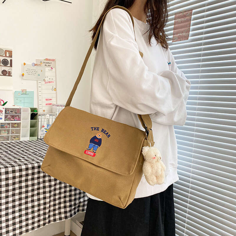 Ulzzang Academy Style Antique and Cute Cartoon Embroidery Bear Student Canvas One Shoulder Crossbody Bag Girl
