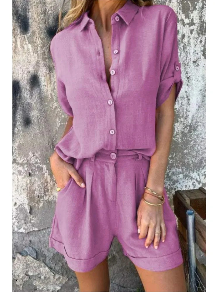 Women Casual Solid Set Fashion Short Sleeve Button Shirt Tops And Shorts Two Piece Sets Lady Summer Sports Womens Clothing 250320