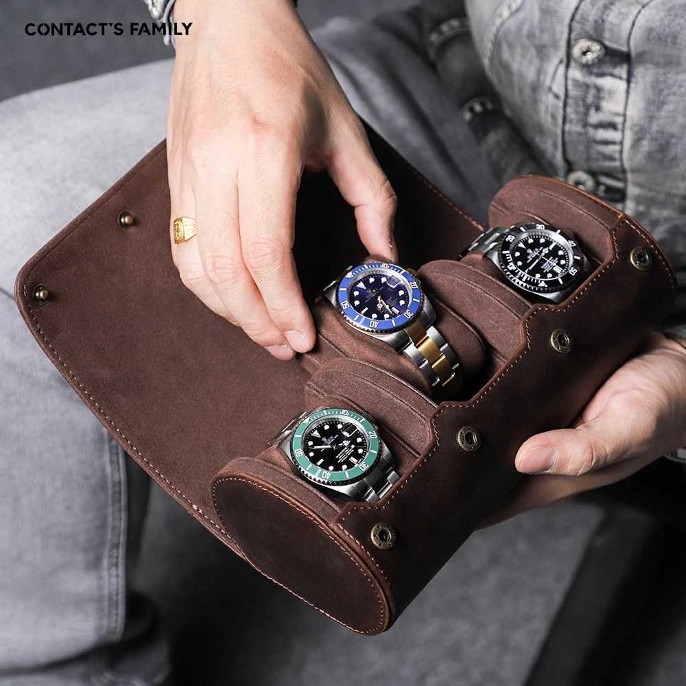 CONTACTS FAMILY 3 Grids Genuine leather Watch box Men Watches Travel Storage and Packaging Wristwatch Case High Quality Gift 250319