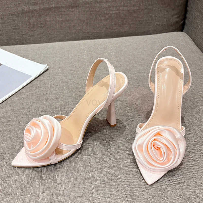 Liyke Summer Fashion Silk Rose Flowers Pointed Open Toe Back Strap Sandals Wen Red High H Wedding Pr Shoes Zapatos Mujer Z250326