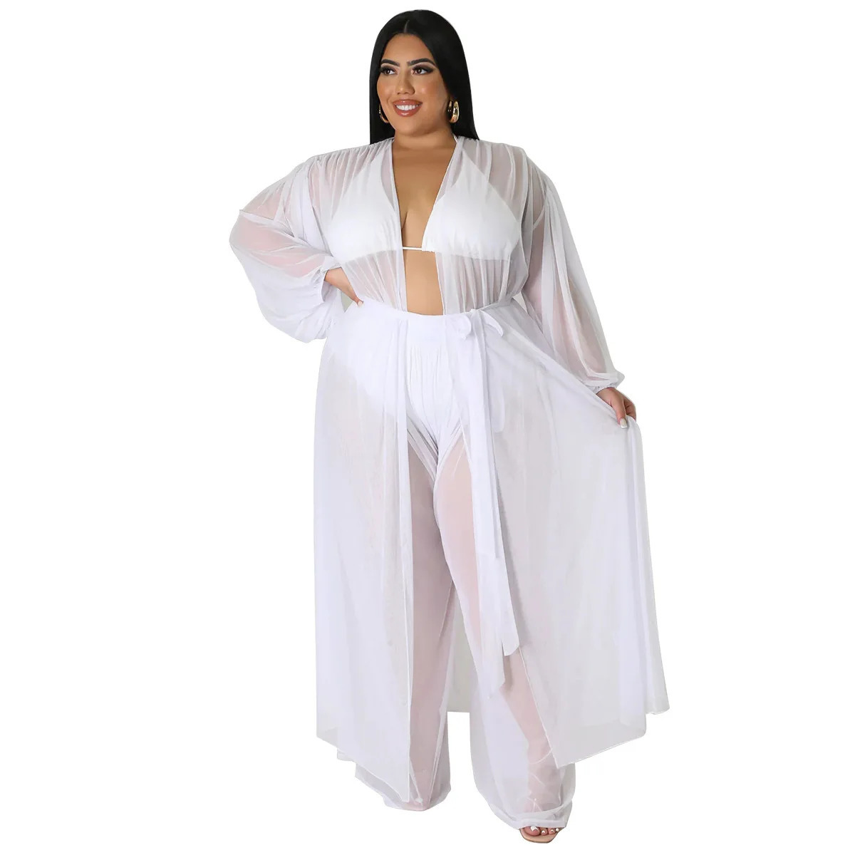 Plus Size Loose Sheer Mesh Two Piece Set Summer Women Clothes Beach Style Long Sleeve Cardigan Cover-ups Pants 2 Pieces Set 250324