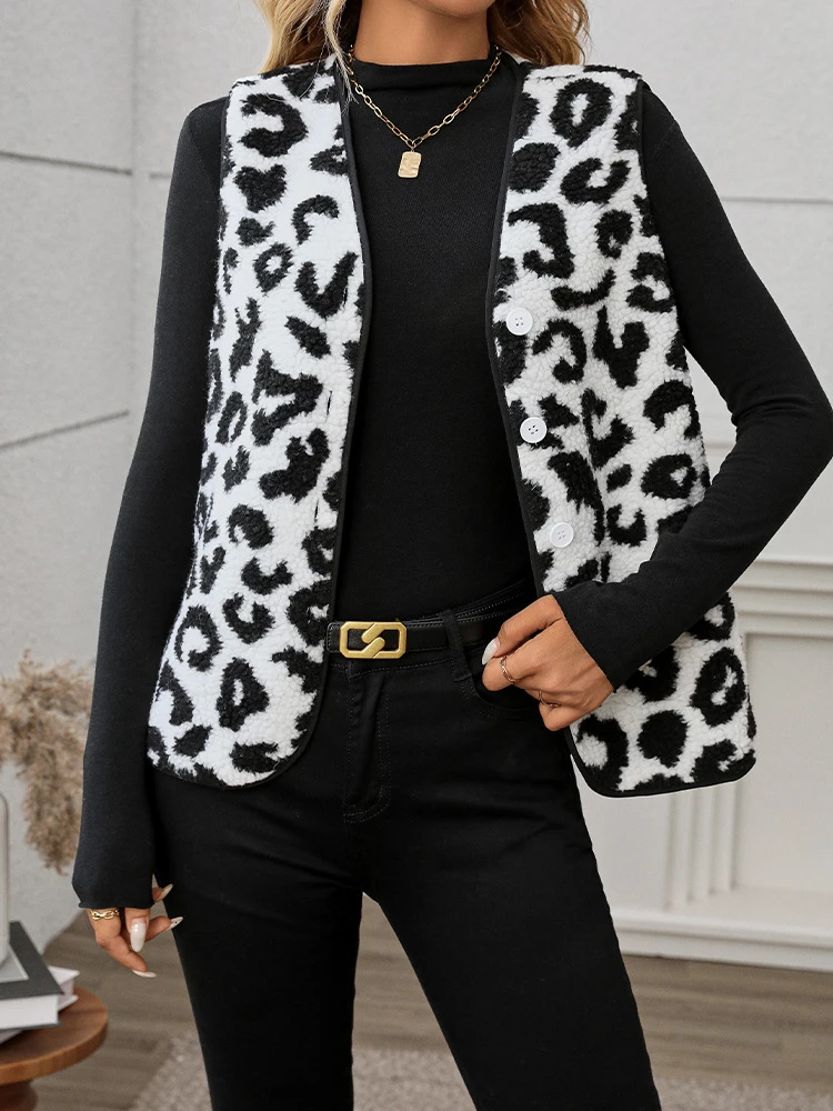 Womens French autumn clothing leopard print teddy vest jacket autumn fashion womens jacket 250320