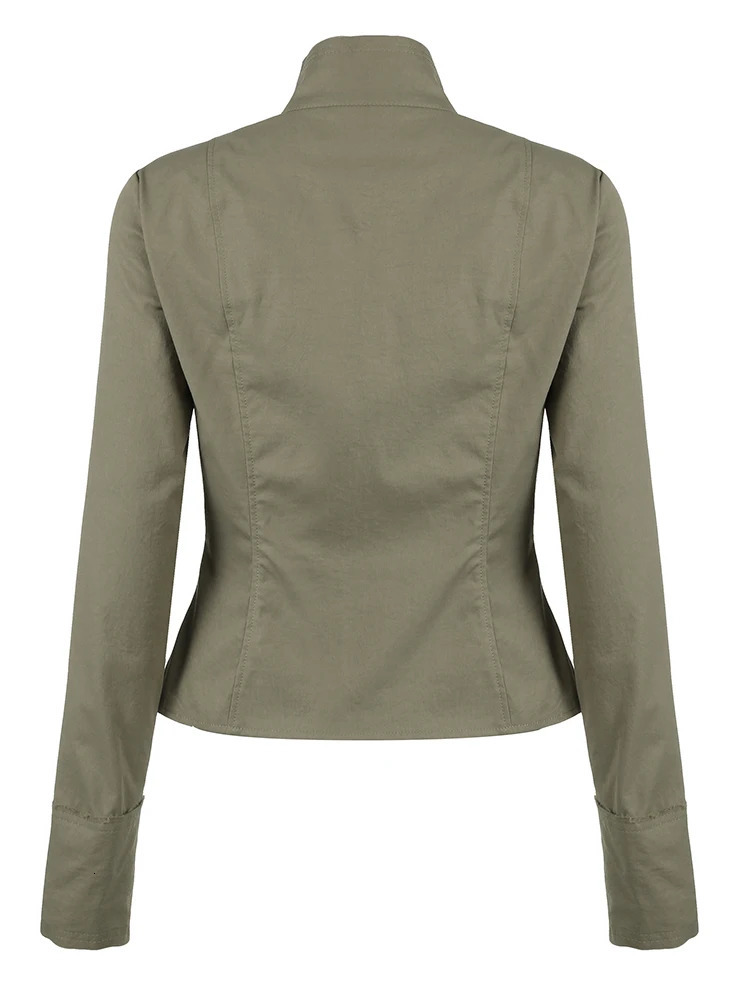 Retro green ultra-thin commodity jacket womens button up stand collar long sleeved autumn Korean fashion jacket 250321