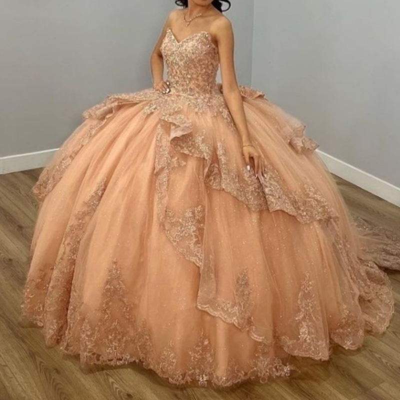 Mexico Champagne Shiny Off The Shoulder Ball Gown Quinceanera Dresses Appliques Lace Beaded Birthday Party Sweet 16 Dress vestidos de 15 anos
