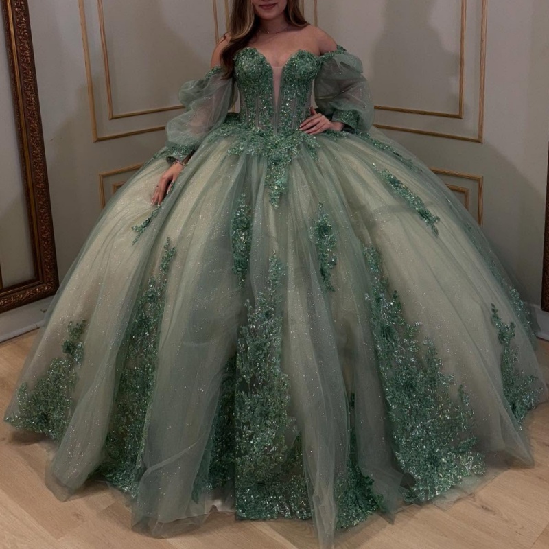 Green Shiny Quinceanera Dresses Off Shoulder Ball Gown Sweet 16 Dress Beads Appliques Lace Tull Corset Birthday Party Vestidos De 15 Anos
