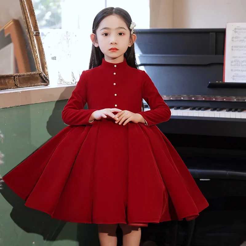 New Years Elegant Girl Red Dress Childrens Par Long Sleeve Ball Dress Piano Performance Childrens Girl Classic Slimming Dress W250326