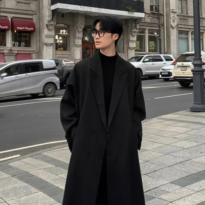 Autumn Coats loose mid length knee thin windproof machine handsome shoulder pad set mens trench coat jacket 250324