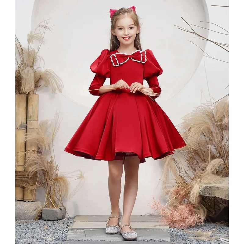 New Years Elegant Girl Red Dress Childrens Par Long Sleeve Ball Dress Piano Performance Childrens Girl Classic Slimming Dress W250326