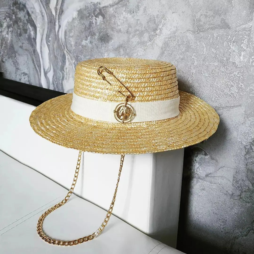 Summer sun hat Lafite grass French straw hat Womens chain decorated straw hat Holiday Sun hat Punk style beach 250325