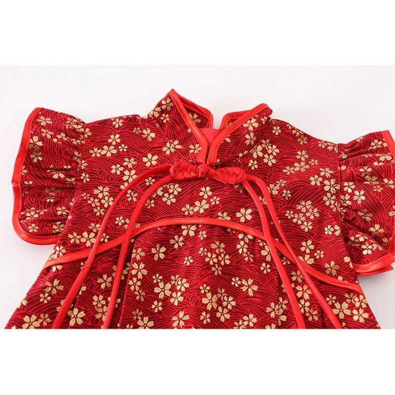 Girl Chinese Chiffon Red Flower Pattern Childrens Clothing Performance New Year Childrens Clothing Youth Par Clothing W250326
