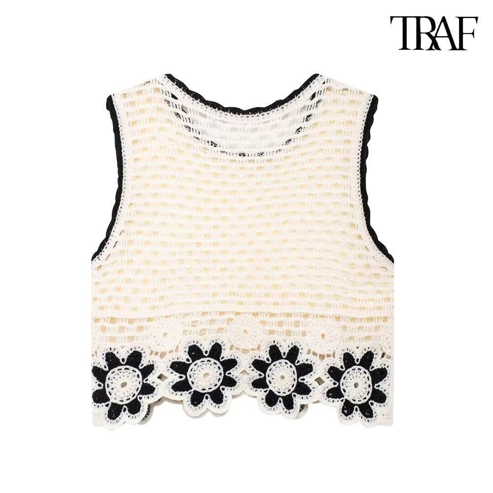 TRAF New Crochet Sleeveless Top Clashing Wide Leg Pants Set Sexy O Neck Short Tank ral Knit Trousers Simple Two PieceSet