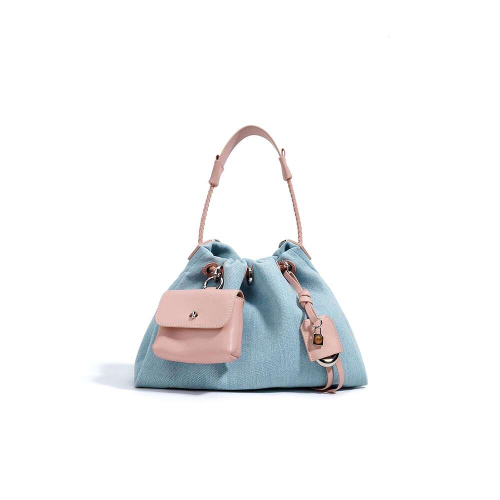 Women's Bags New Niche Design Denim With Genuine Leather Cloud Fashionable And Versatile Bucket Bag, Hand-Held Crossbody Bag For Women