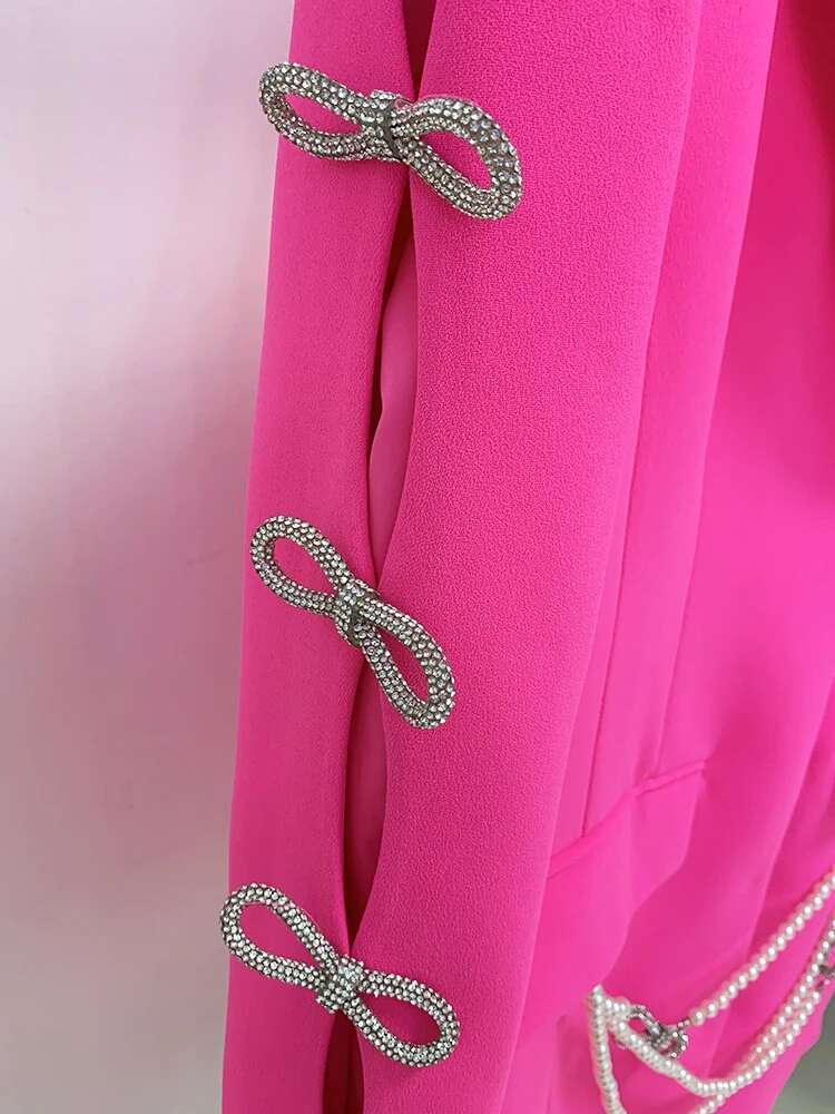 HIGH STREET Newest 2025 Designer Stylish Fashion Women's Pearls Chain Dias Beaded Hollow Out Bow Sleeve Blazer Dress