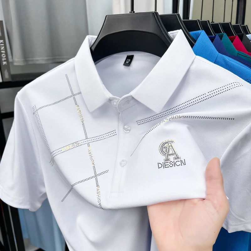Summer Trend High Elasticity Mens Polo Short Sleeve Breathable Casual Cool Stripe Large Square Business Tshirt 250326