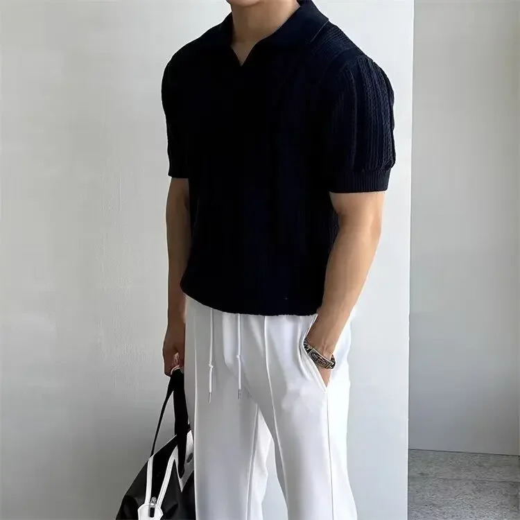 Mens Summer Korean Style Lightweight Knitshort Sleeves Polo Shirt Hollow Mesh Texture Knitwear Casual T-shirt Top 250325
