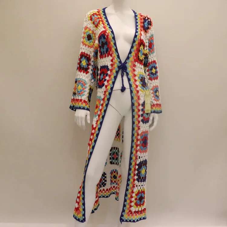 Summer Crochet Bikini Swimwear Cover-Ups Elegant Boho Kimono Dress Tunic Woman Clothes Beach Wear Swim Suit Cover Up Robe