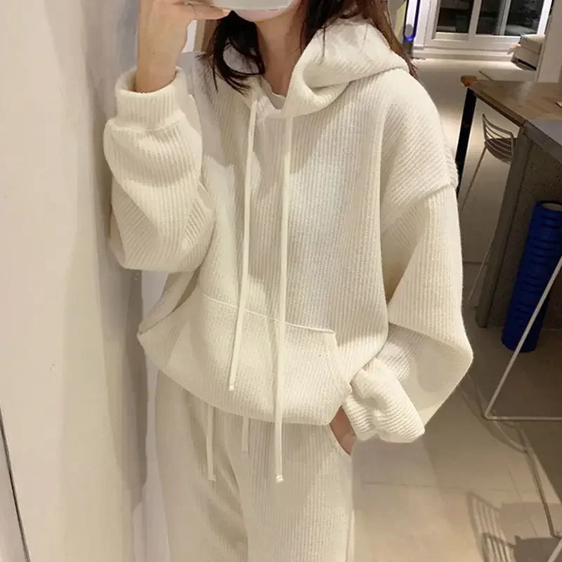 Casual sportswear womens winter Korean style loose waffle hooded jacket wide leg pants lazy style two-piece set 250320