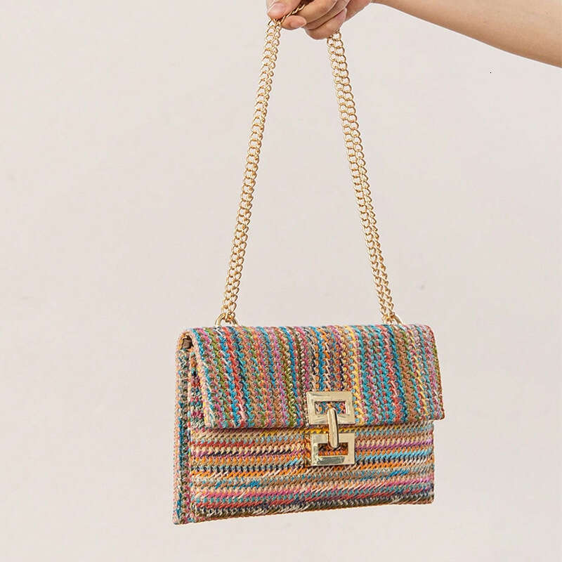 f1 2024 New Vacation Style Multi compartment Chain Flip Lock Straw Woven Single Shoulder Women's Bag