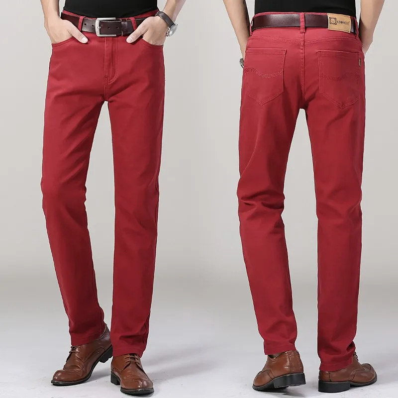 Solid color casual pants mens fashion ultrathin straight leg red elastic plus size 250326