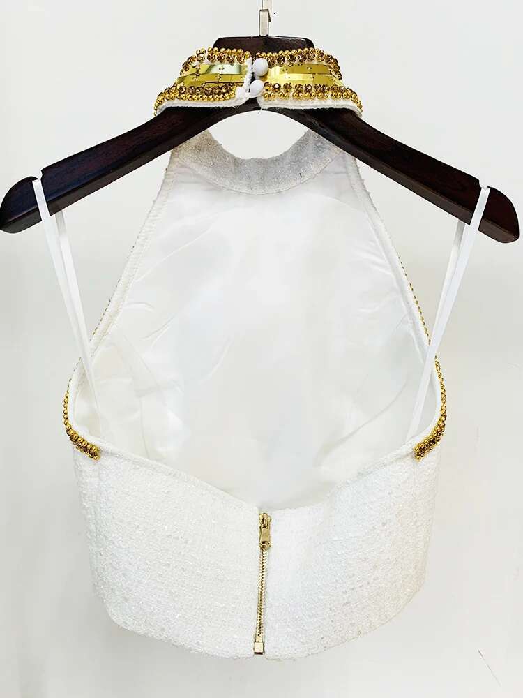 HIGH STREET Newest Fashion 2024 Designer Women's Stunning Metallic Dias Beaded Halter Neck Tweed Camis Tank Tops