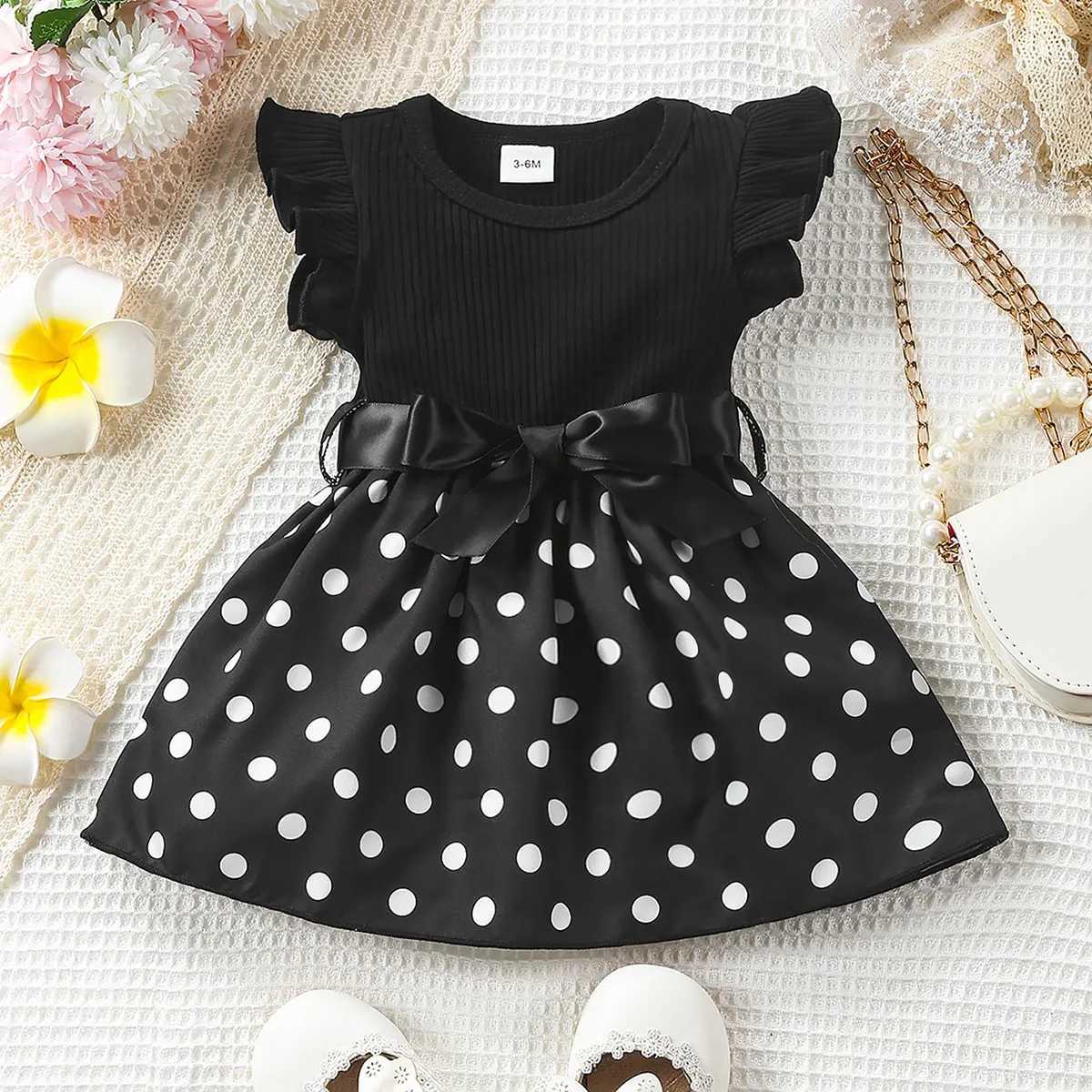 Baby girl butterfly and plant polka dot printed pleated sleeve belt dress+ribbon W250326