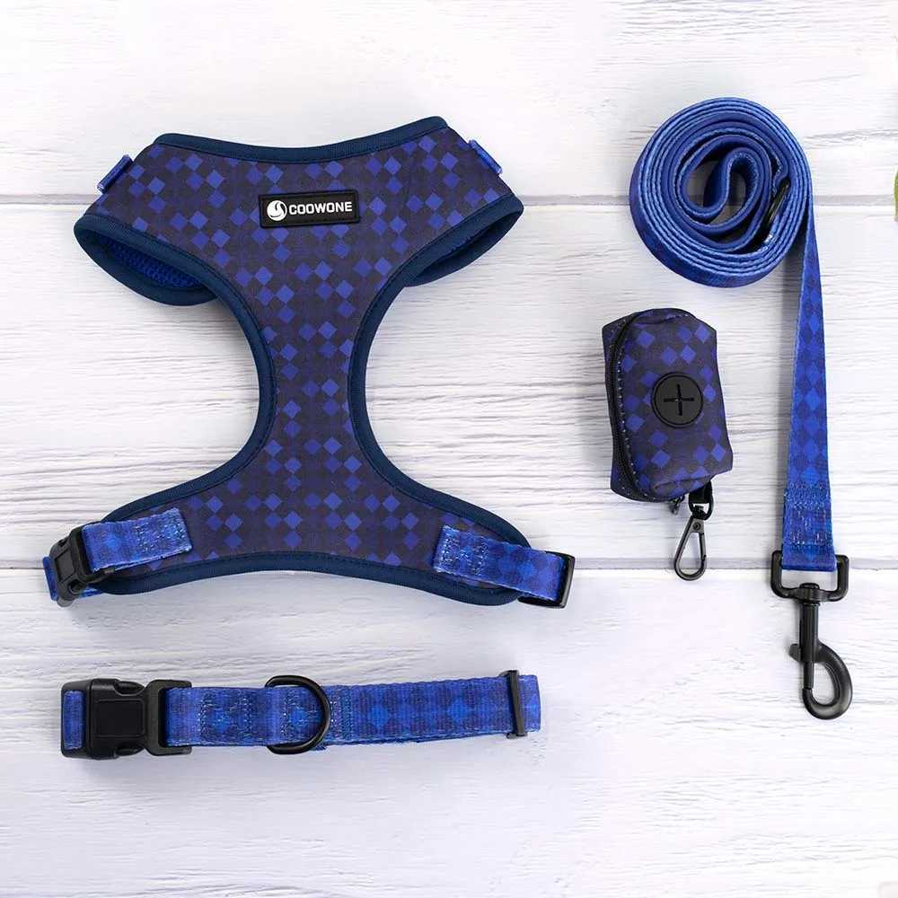 Adjustable pet dog collar durable soft cute creative deep blue diamond belt chloroprene rubber safety belt poop bag dispenser X250326