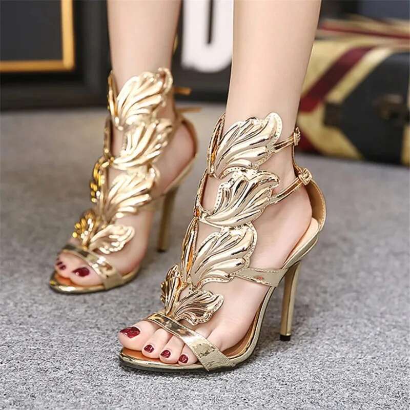 Style Rome Metal Wings Stiletto Women's Sandals Gold Patent Leather High Heels Fashion Ladies Open Toe Double Buckle Party Shoes