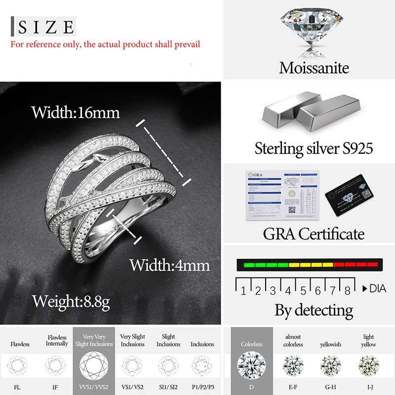 TUHE Unisex 925 Silver Ring Moissanite Woman Hip Hop Jewelry